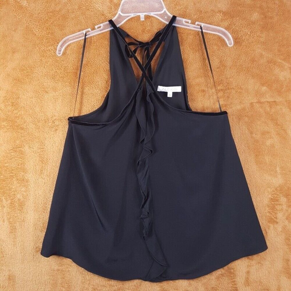 ALEXIS Womens Top Small Black Halter Tank Velvet Trim Ruffle 100% Silk